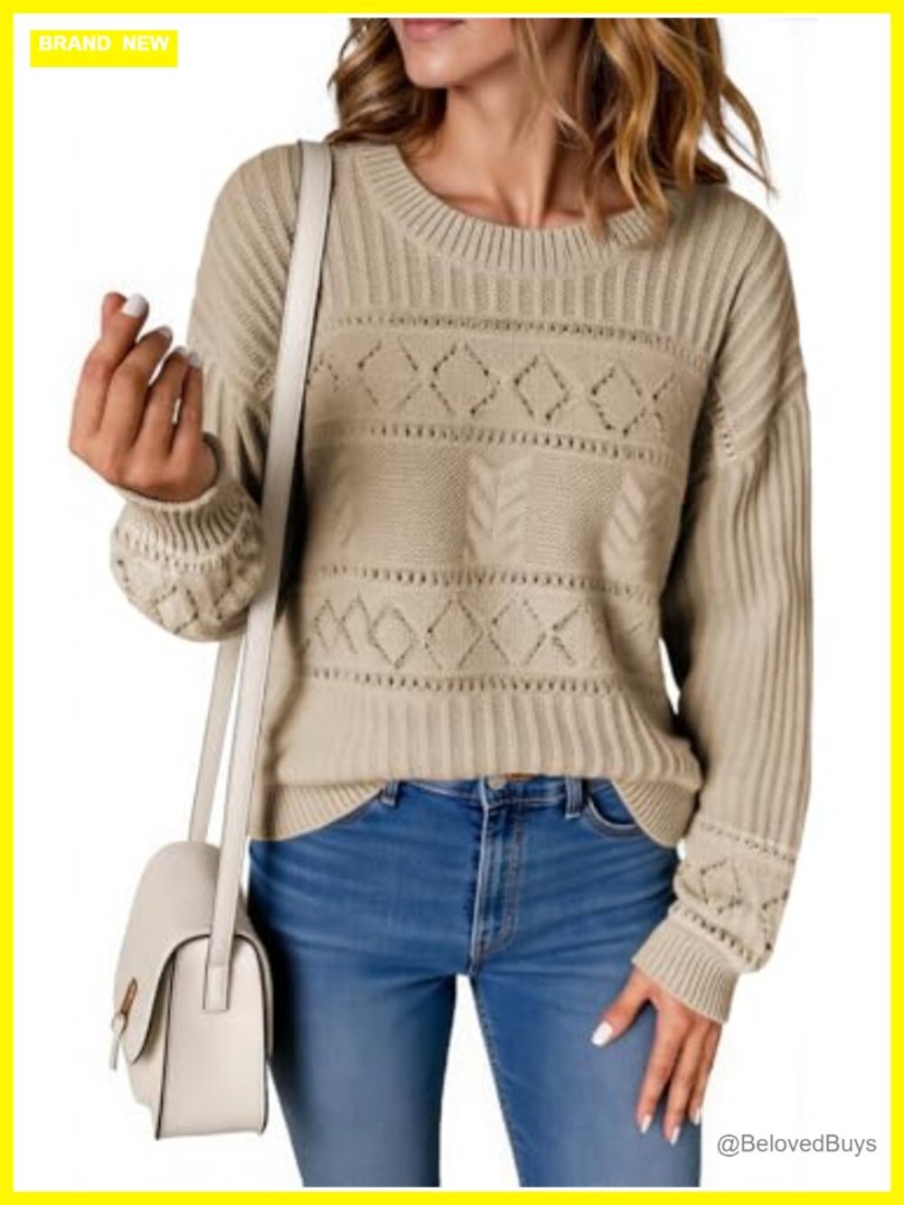 Womens Long Sleeve Cable Knit Crewneck Pullover Sweater Loose Fit